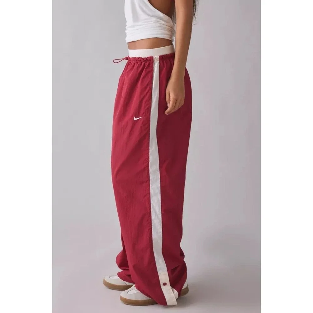 Nike Track Pants Women Medium Red High Rise Loose Fit Side Stripe Sportswear Y2K